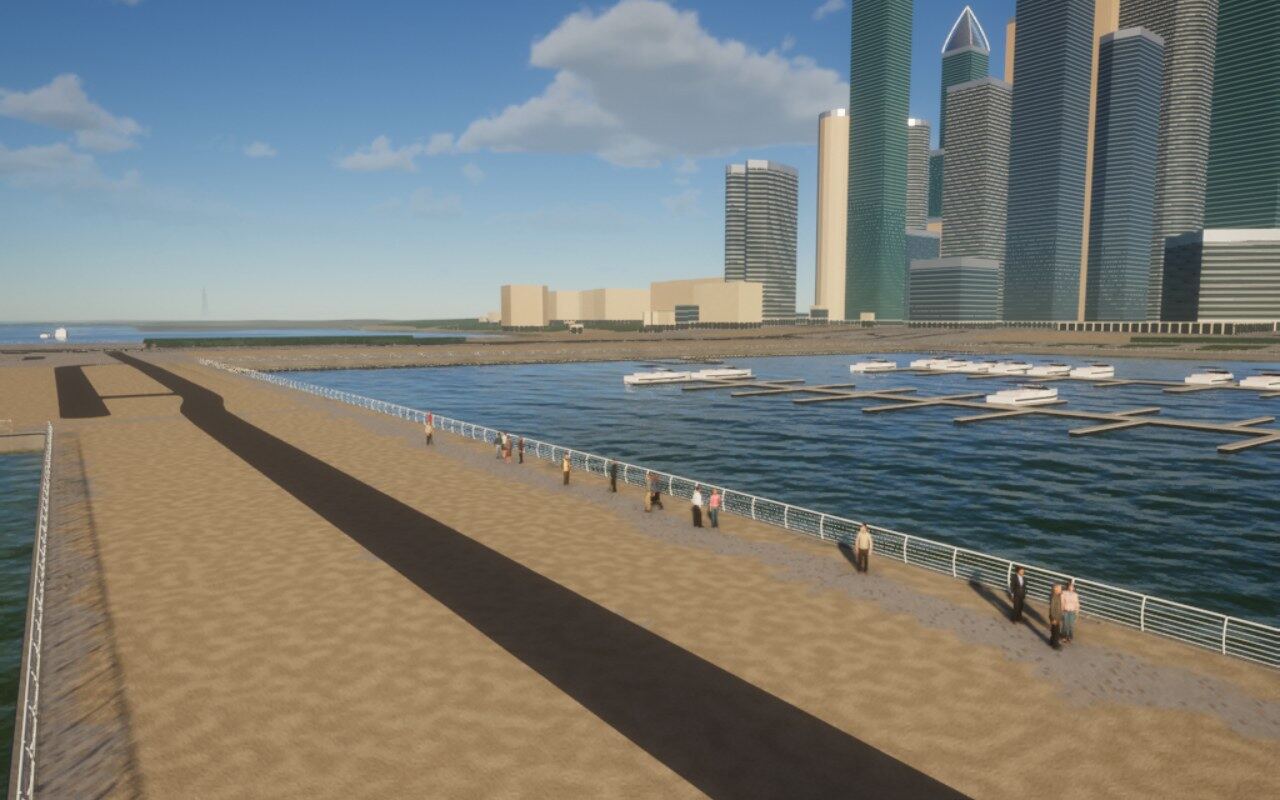 Dubai Marina: the promenade along the water and the towers