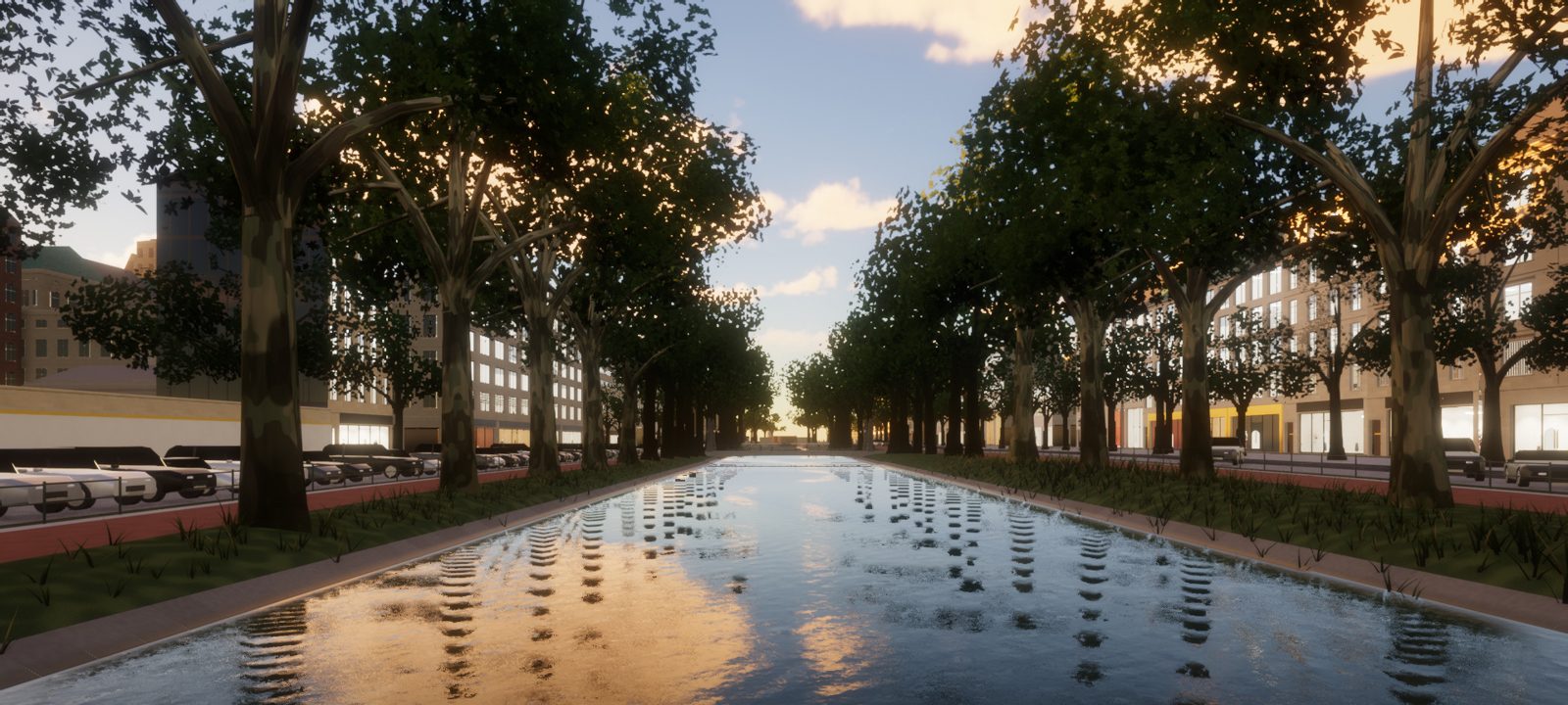 The Kögraben on the Königsallee in golden evening light, plane trees and water